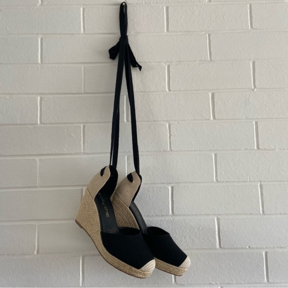 City Chic black and jute Espedrille wedges with black ribbon ties Size 39/8 - Picture 2 of 16